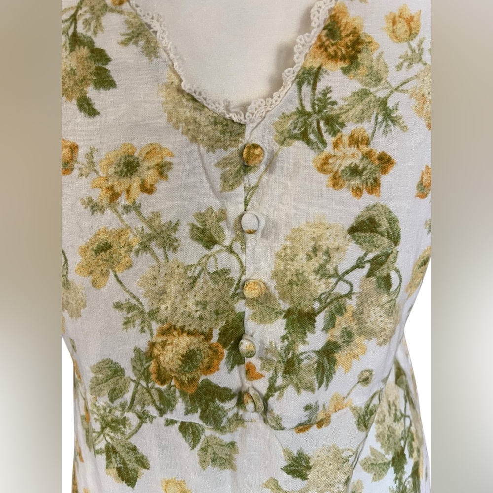 VTG LAURA ASHLEY Linen Floral Yellow Roses Midi Dress Cottage Garden Lace Trim 6 - Picture 4 of 16